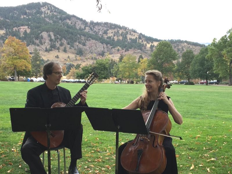 Lyric Ensemble playing wedding music (cello and guitar) at Chautauqua Park in Boulder, CO.