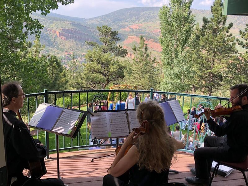 Lyric Ensemble performing live ceremony music for a wedding at Lionscrest Manor in Lyons, CO.
